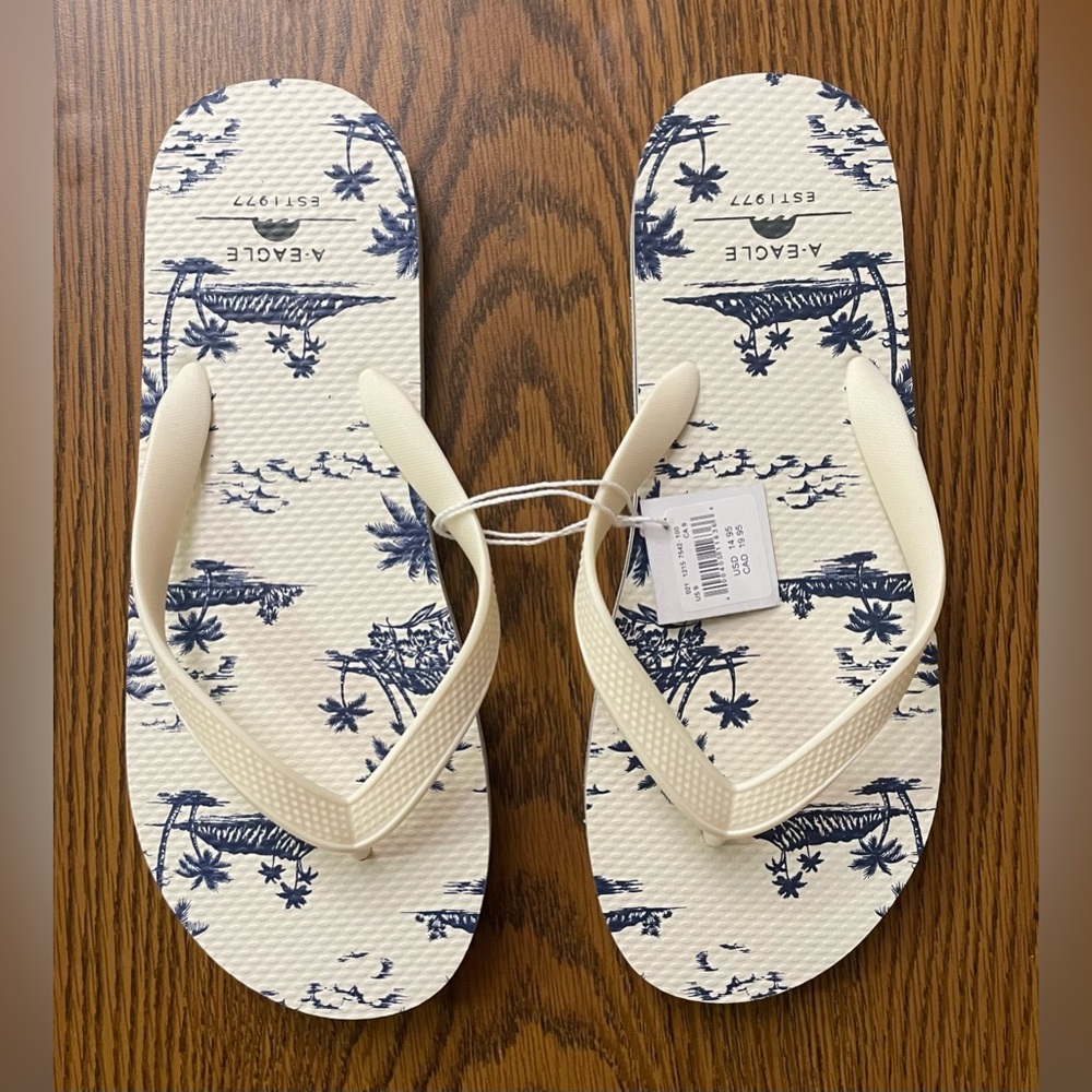 American Eagle Outfitters Cream and Blue Flip-Flops
